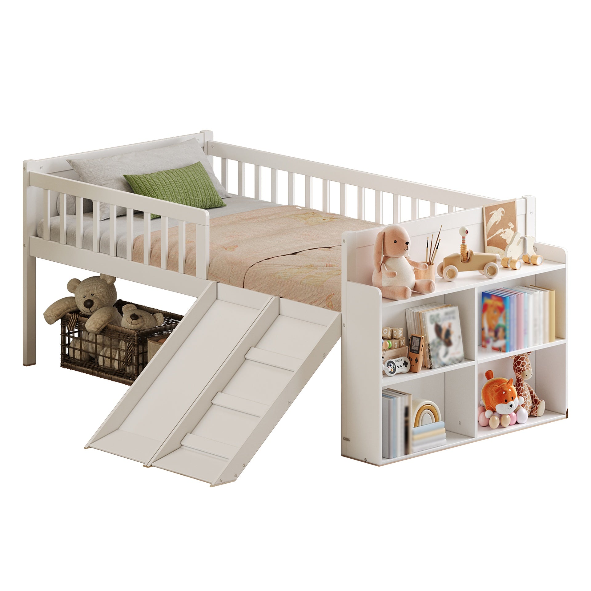 Twin Bed Frame with Storage Shelf, Wooden Bed Frame with Slide and Ladder,Platform Twin Size Bed with Guardrail, No Box Spring Needed, Easy Assembly, White