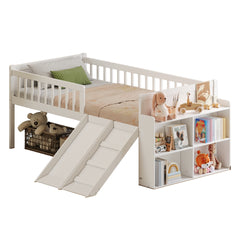 Twin Bed Frame with Storage Shelf, Wooden Bed Frame with Slide and Ladder,Platform Twin Size Bed with Guardrail, No Box Spring Needed, Easy Assembly, White