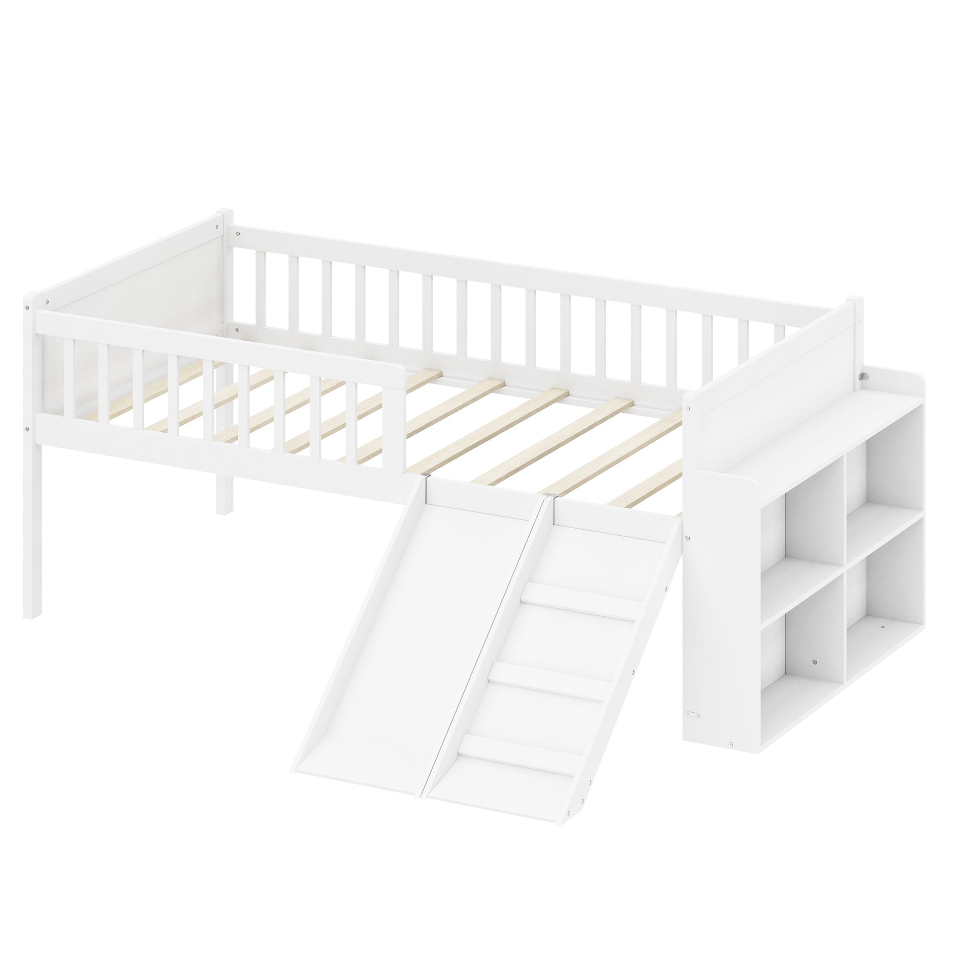 Twin Bed Frame with Storage Shelf, Wooden Bed Frame with Slide and Ladder,Platform Twin Size Bed with Guardrail, No Box Spring Needed, Easy Assembly, White