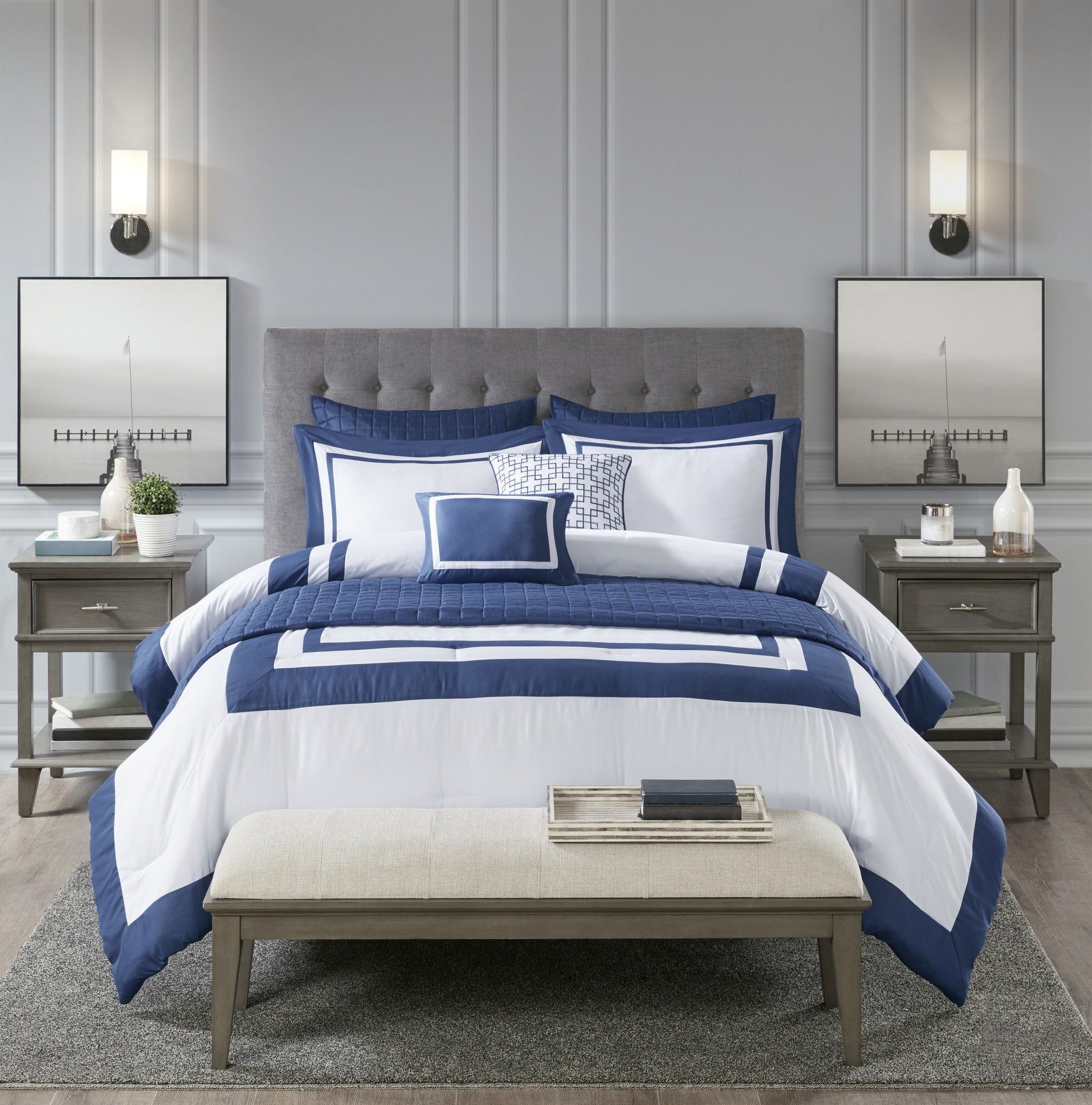 8 Piece Comforter and Quilt Set Collection Navy Full/Queen