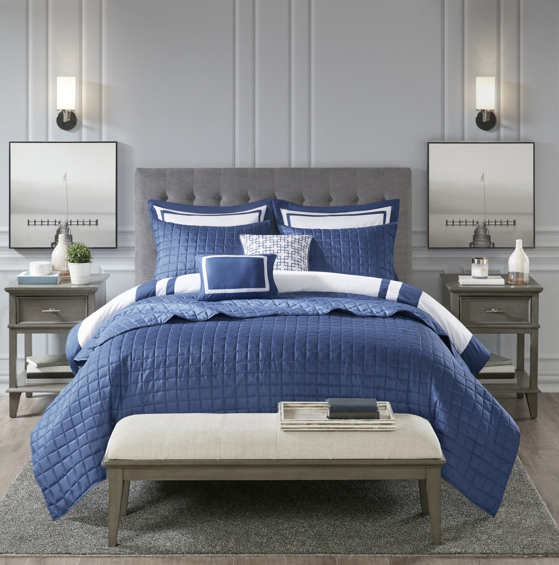 8 Piece Comforter and Quilt Set Collection Navy King/Cal King