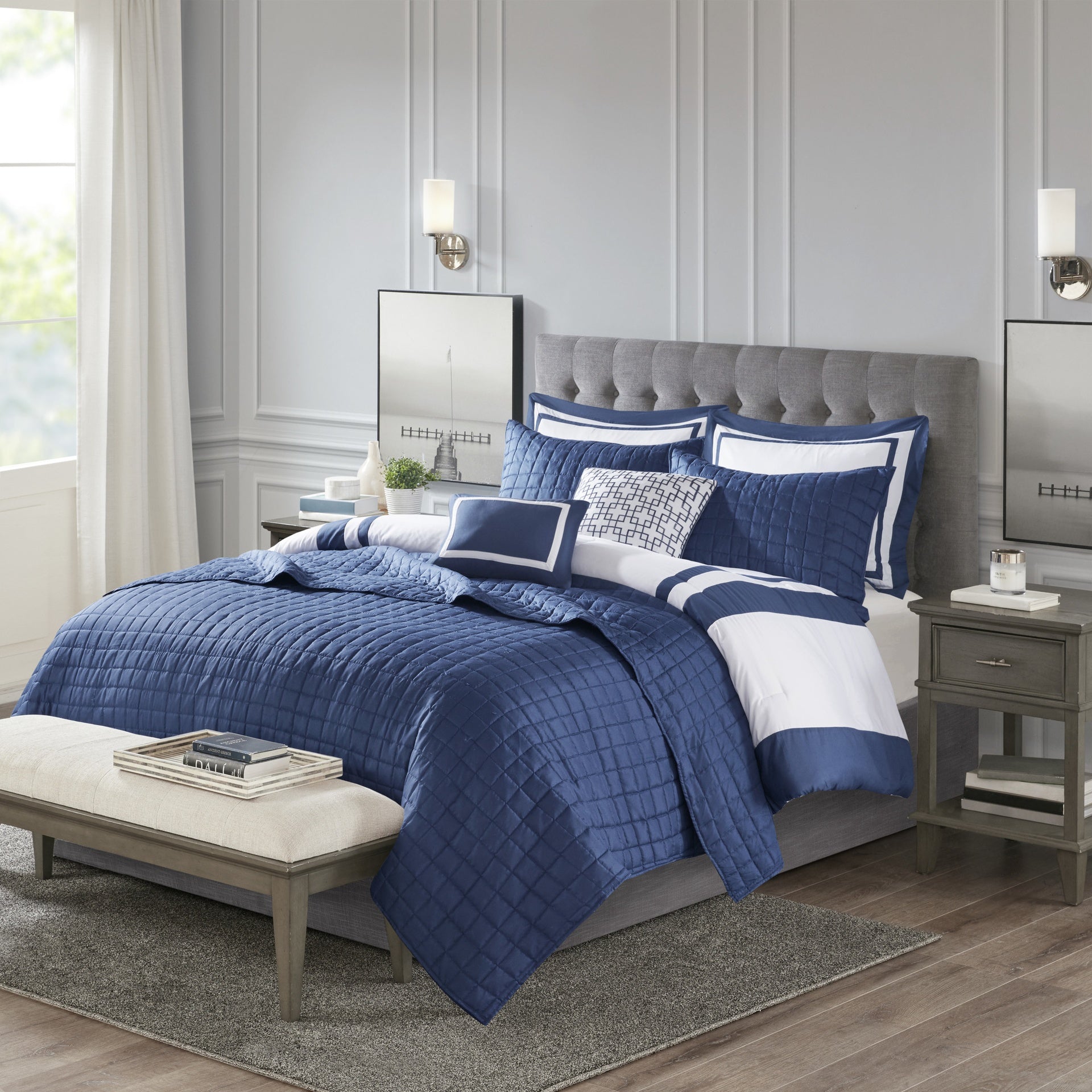 8 Piece Comforter and Quilt Set Collection Navy King/Cal King