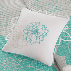 6 Piece Printed Cotton Quilt Set with Throw Pillows Aqua King/Cal King