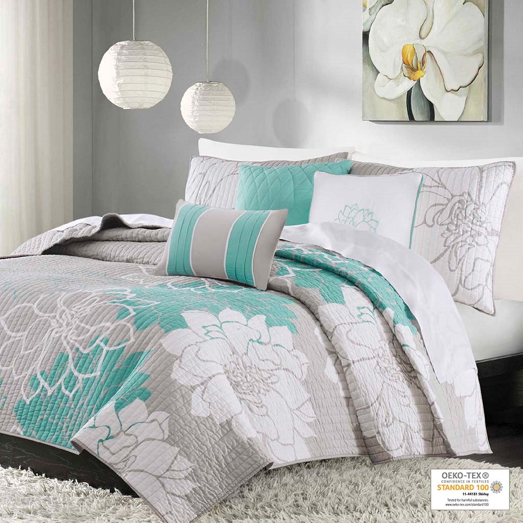 6 Piece Printed Cotton Quilt Set with Throw Pillows Aqua King/Cal King