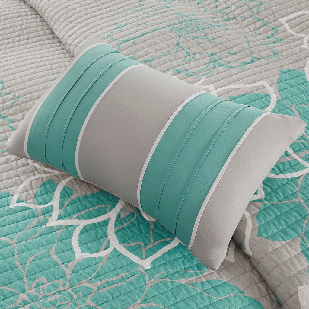 6 Piece Printed Cotton Quilt Set with Throw Pillows Aqua Full/Queen