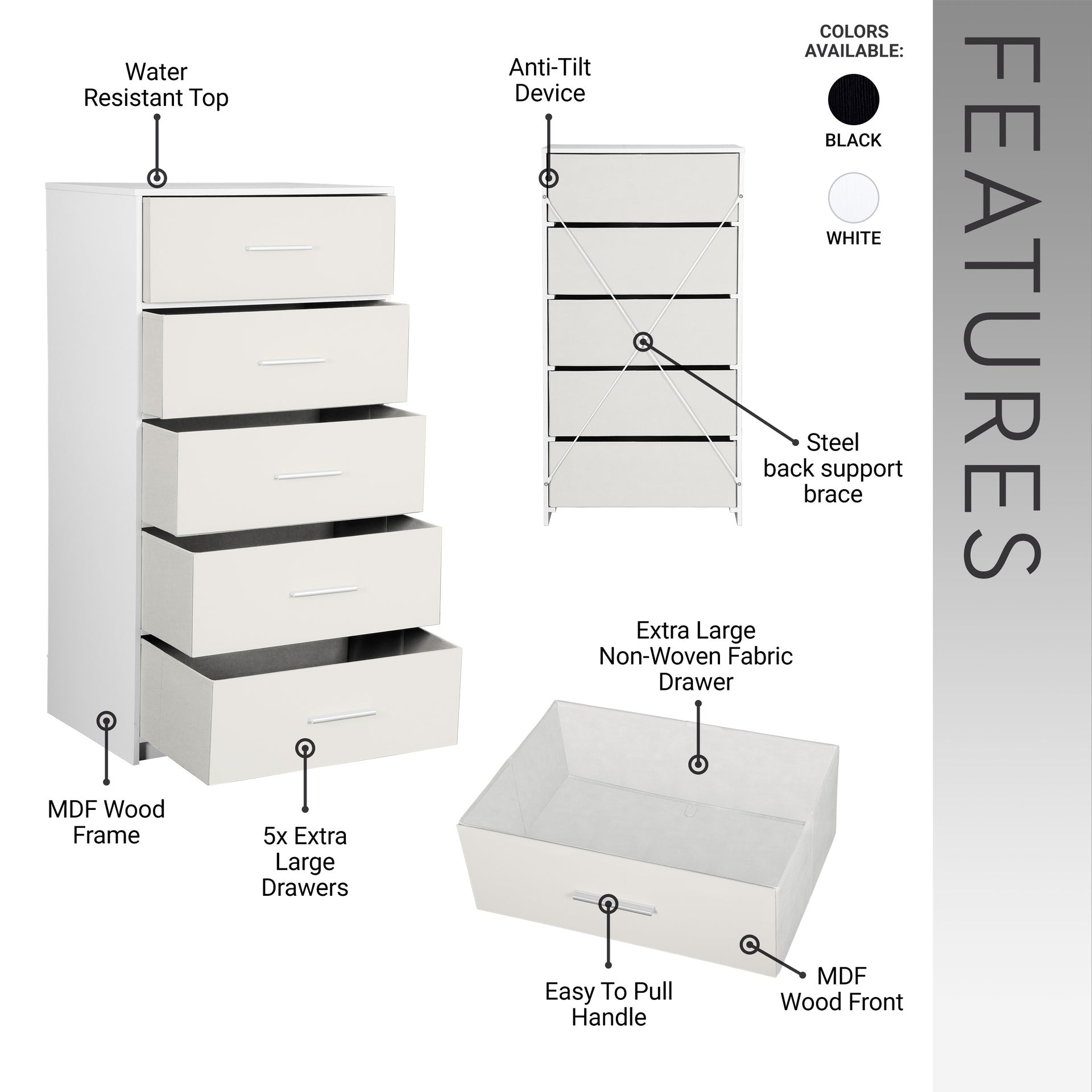 5-Drawer Dresser with Large Fabric Drawers, White