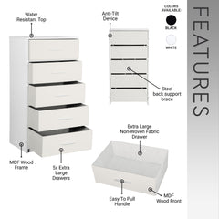 5-Drawer Dresser with Large Fabric Drawers, White