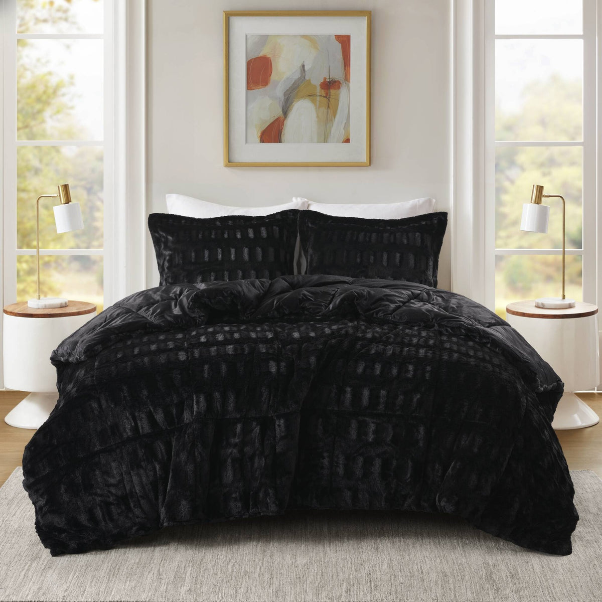 3 PCS King/Cal King Solid Faux Fur Comforter Mini Set Black