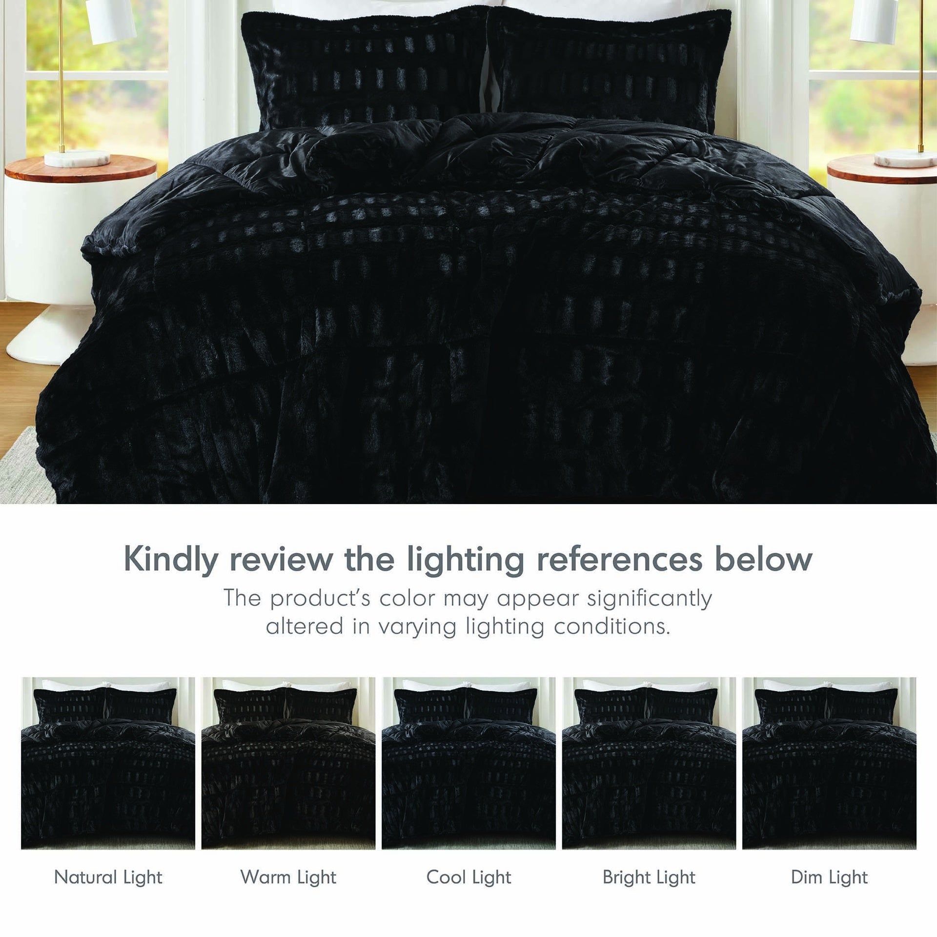 3 PCS King/Cal King Solid Faux Fur Comforter Mini Set Black
