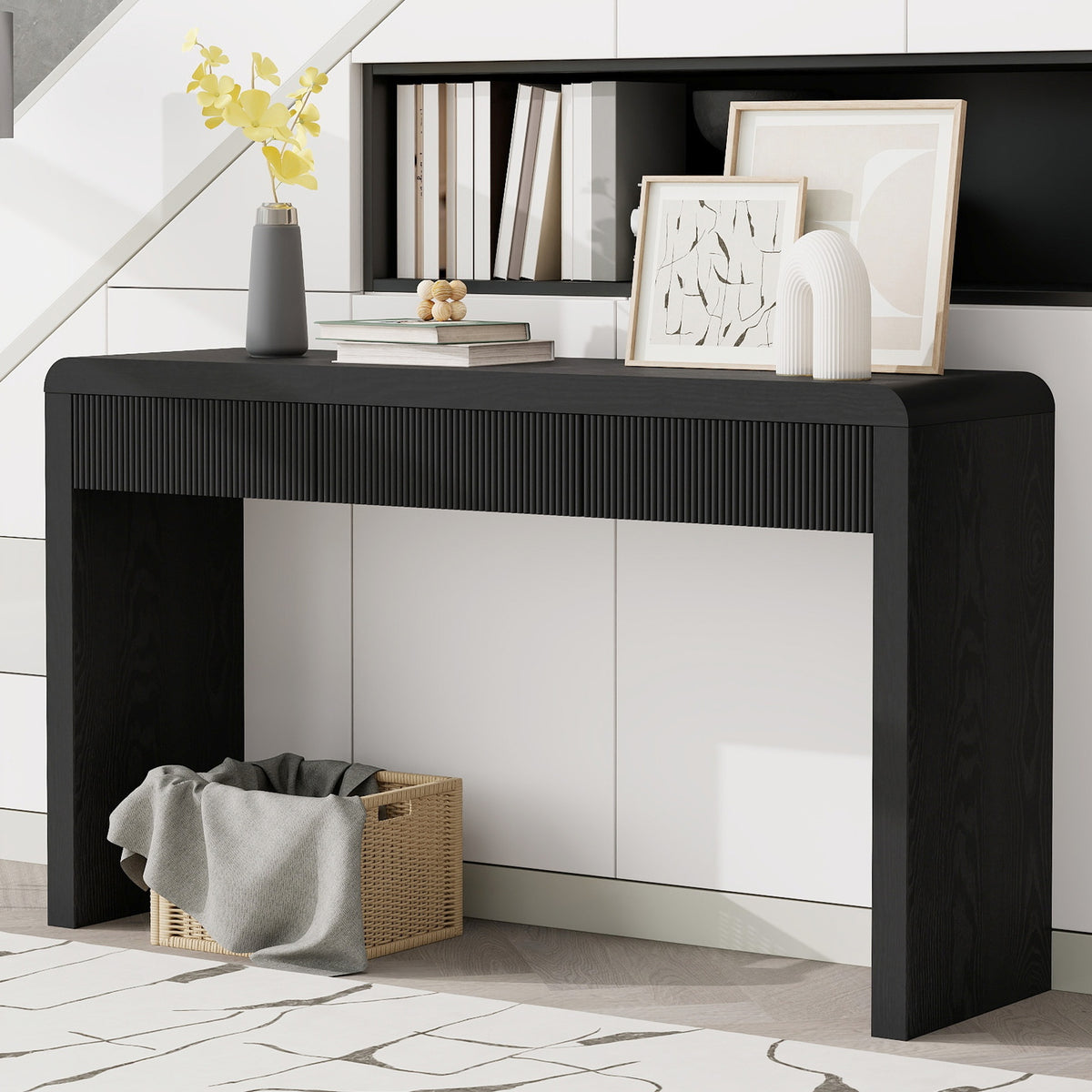 TREXM Rustic Console Table with 3 Fluted Drawers - Solid Wood Veneer Entryway Table Featuring Natural Wood Grain for Living Room, Hallway (Black)
