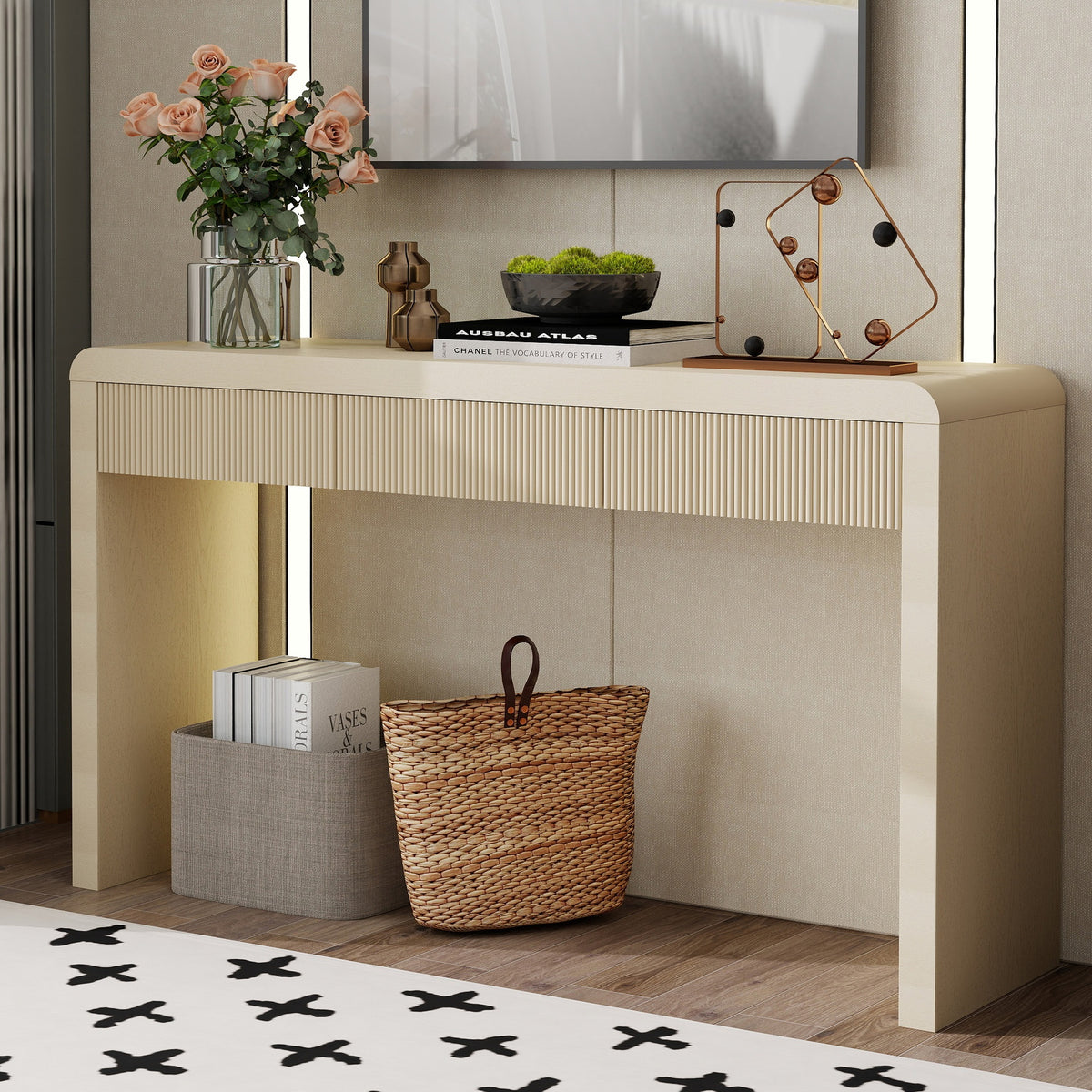 TREXM Rustic Console Table with 3 Fluted Drawers - Solid Wood Veneer Entryway Table Featuring Natural Wood Grain for Living Room, Hallway (Apricot)