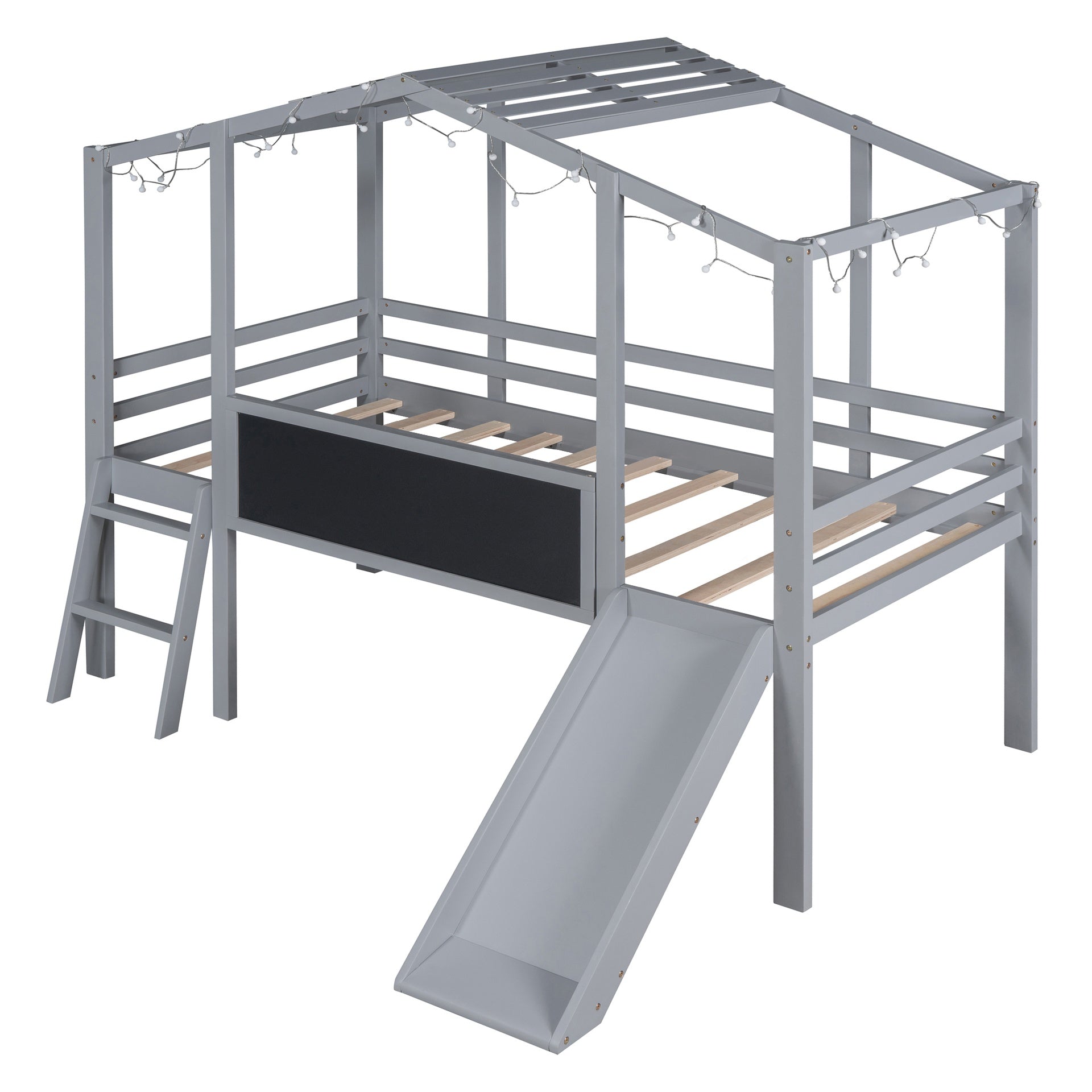 Twin Size Loft Bed with Ladder and Slide, House Bed with Blackboard and Light Strip on the Roof, Gray