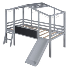 Twin Size Loft Bed with Ladder and Slide, House Bed with Blackboard and Light Strip on the Roof, Gray