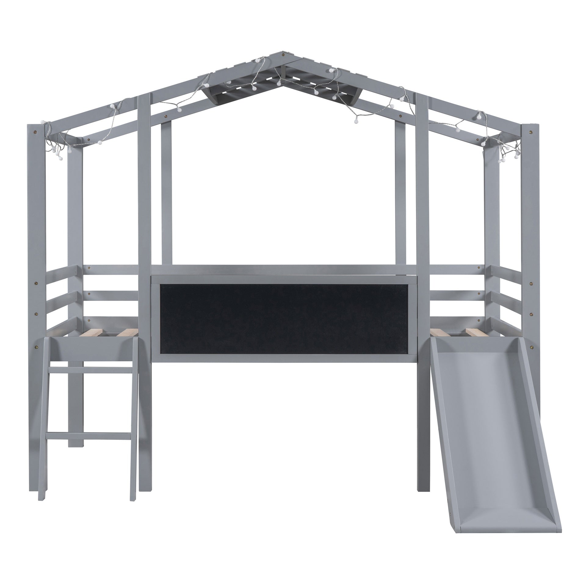 Twin Size Loft Bed with Ladder and Slide, House Bed with Blackboard and Light Strip on the Roof, Gray