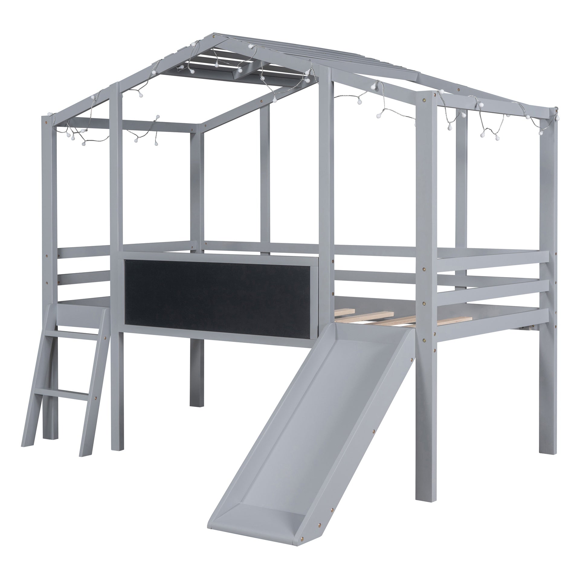 Twin Size Loft Bed with Ladder and Slide, House Bed with Blackboard and Light Strip on the Roof, Gray