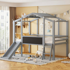 Twin Size Loft Bed with Ladder and Slide, House Bed with Blackboard and Light Strip on the Roof, Gray
