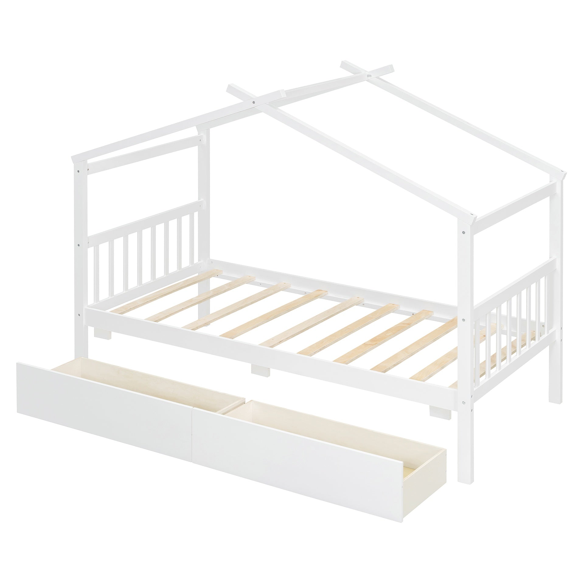 Twin Size Wooden House Bed with Drawers, White(OLD SKU: WF300799AAK)