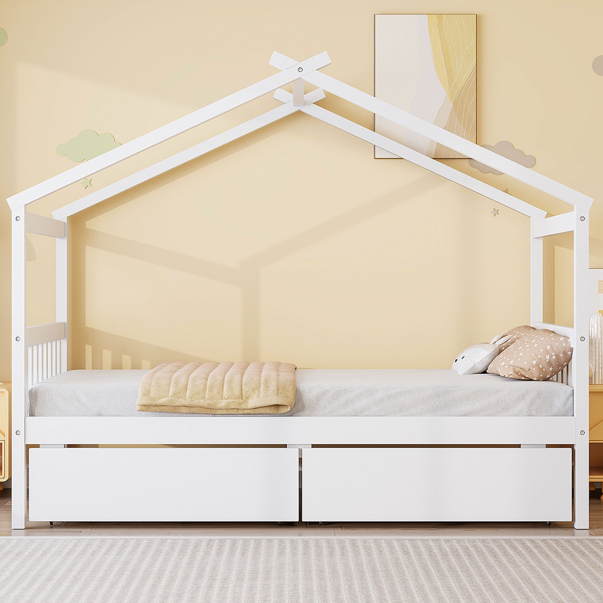 Twin Size Wooden House Bed with Drawers, White(OLD SKU: WF300799AAK)
