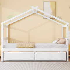 Twin Size Wooden House Bed with Drawers, White(OLD SKU: WF300799AAK)
