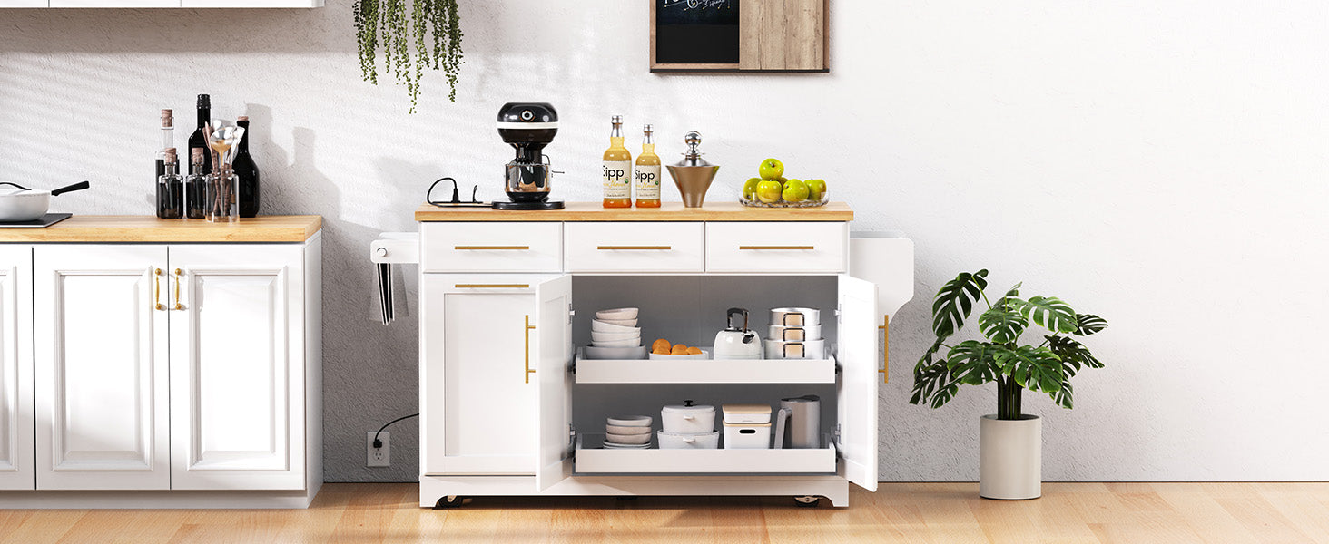 K&K 59.3" Kitchen Island with Storage 2 Pull Out Cabinet Organizers & Rubber Wood Drop Leaf, Rolling Kitchen Island with Trash Can Storage, Power Outlet, Spice & Towel Rack for Kitchen, Dining, White