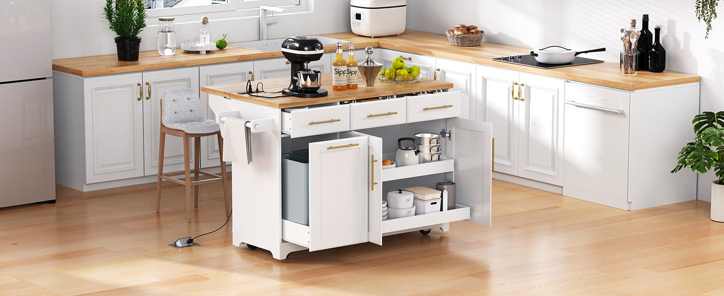 K&K 59.3" Kitchen Island with Storage 2 Pull Out Cabinet Organizers & Rubber Wood Drop Leaf, Rolling Kitchen Island with Trash Can Storage, Power Outlet, Spice & Towel Rack for Kitchen, Dining, White