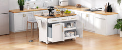 K&K 59.3" Kitchen Island with Storage 2 Pull Out Cabinet Organizers & Rubber Wood Drop Leaf, Rolling Kitchen Island with Trash Can Storage, Power Outlet, Spice & Towel Rack for Kitchen, Dining, White
