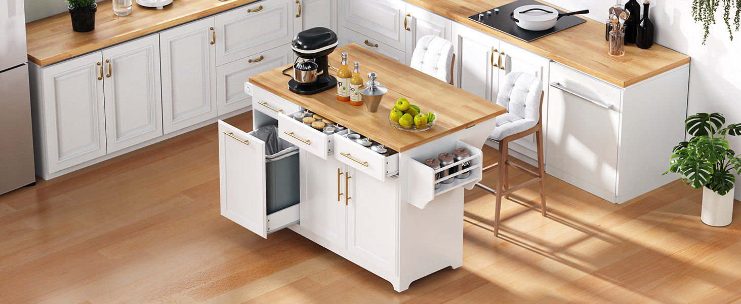 K&K 59.3" Kitchen Island with Storage 2 Pull Out Cabinet Organizers & Rubber Wood Drop Leaf, Rolling Kitchen Island with Trash Can Storage, Power Outlet, Spice & Towel Rack for Kitchen, Dining, White