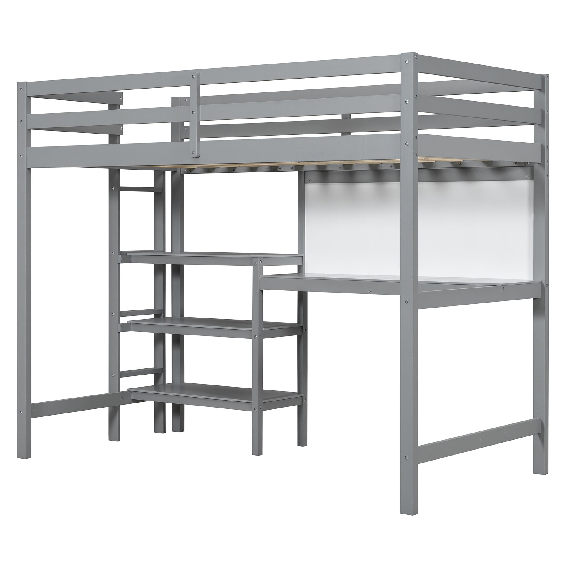 Twin Size Wooden Loft Bed with Shelves, Desk and Writing Board - Gray(OLD SKU: LT000320AAE)