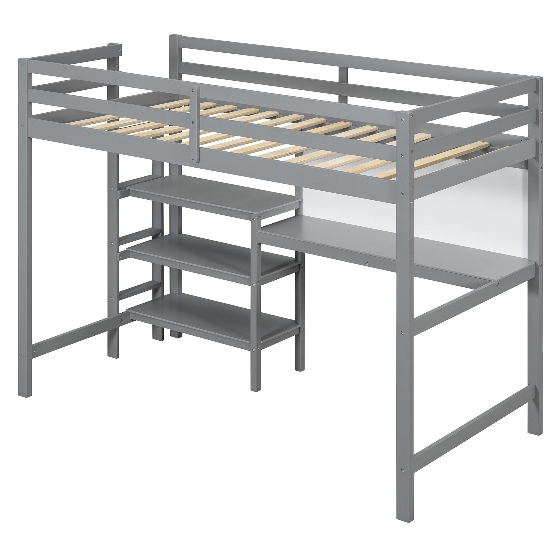 Twin Size Wooden Loft Bed with Shelves, Desk and Writing Board - Gray(OLD SKU: LT000320AAE)