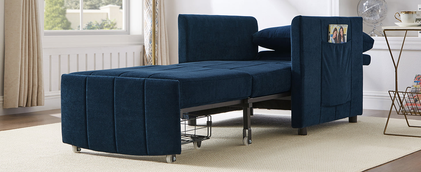 Upholstered Convertible Sleeper Sofa, 31.5" Pull Out Sofa Bed with 5-Position Adjustable Backrest, Side Pockets and a Storage Basket, Fold Out Chair Bed, Lounger For Living Room, Apartment, Blue