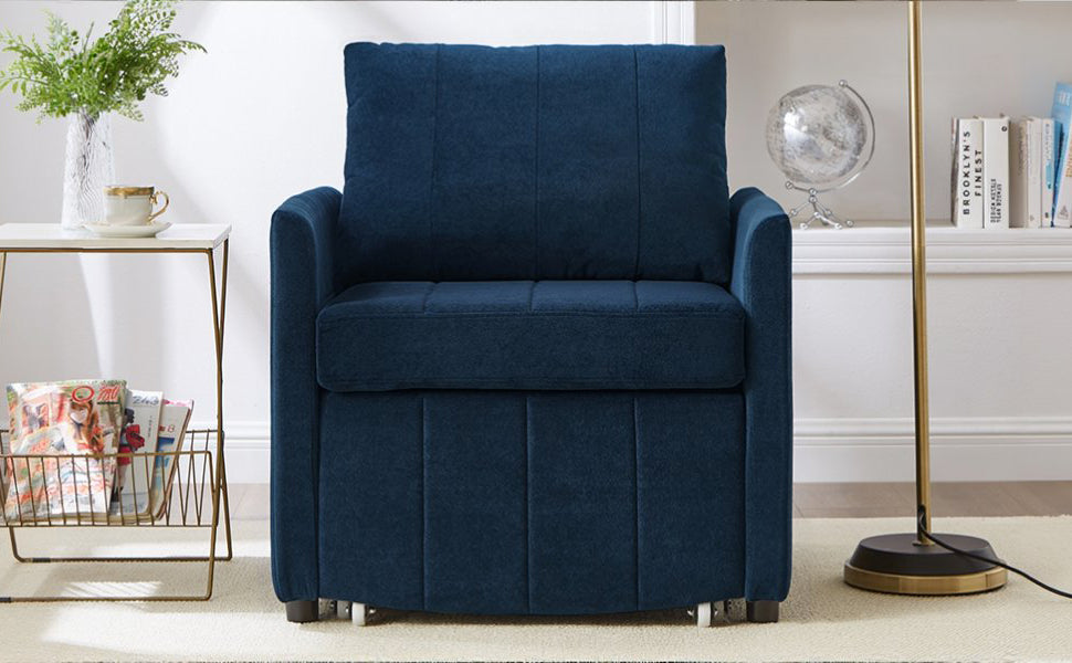 Upholstered Convertible Sleeper Sofa, 31.5" Pull Out Sofa Bed with 5-Position Adjustable Backrest, Side Pockets and a Storage Basket, Fold Out Chair Bed, Lounger For Living Room, Apartment, Blue
