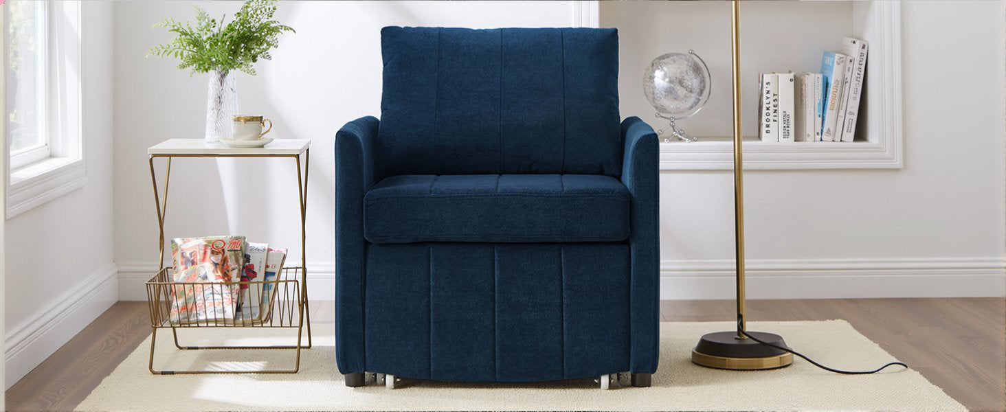 Upholstered Convertible Sleeper Sofa, 31.5" Pull Out Sofa Bed with 5-Position Adjustable Backrest, Side Pockets and a Storage Basket, Fold Out Chair Bed, Lounger For Living Room, Apartment, Blue