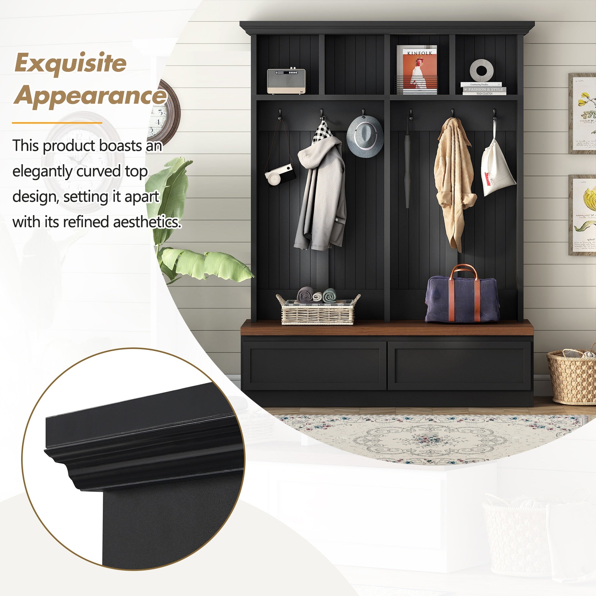 Farmhouse 4-in-1 Hall Tree with Wood Grain Bench, Mudroom Versatile Coat Rack with 2 Large Drawer, Entrance Organizer for Hallway, Living Room, Black, 55.9"W (OLD SKU: N721P313099B)