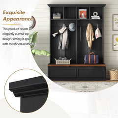 Farmhouse 4-in-1 Hall Tree with Wood Grain Bench, Mudroom Versatile Coat Rack with 2 Large Drawer, Entrance Organizer for Hallway, Living Room, Black, 55.9"W (OLD SKU: N721P313099B)