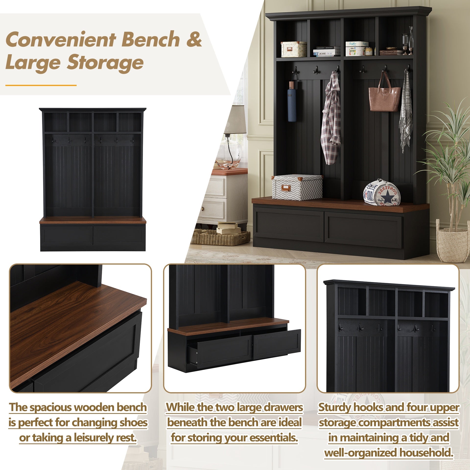 Farmhouse 4-in-1 Hall Tree with Wood Grain Bench, Mudroom Versatile Coat Rack with 2 Large Drawer, Entrance Organizer for Hallway, Living Room, Black, 55.9"W (OLD SKU: N721P313099B)
