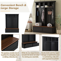 Farmhouse 4-in-1 Hall Tree with Wood Grain Bench, Mudroom Versatile Coat Rack with 2 Large Drawer, Entrance Organizer for Hallway, Living Room, Black, 55.9"W (OLD SKU: N721P313099B)