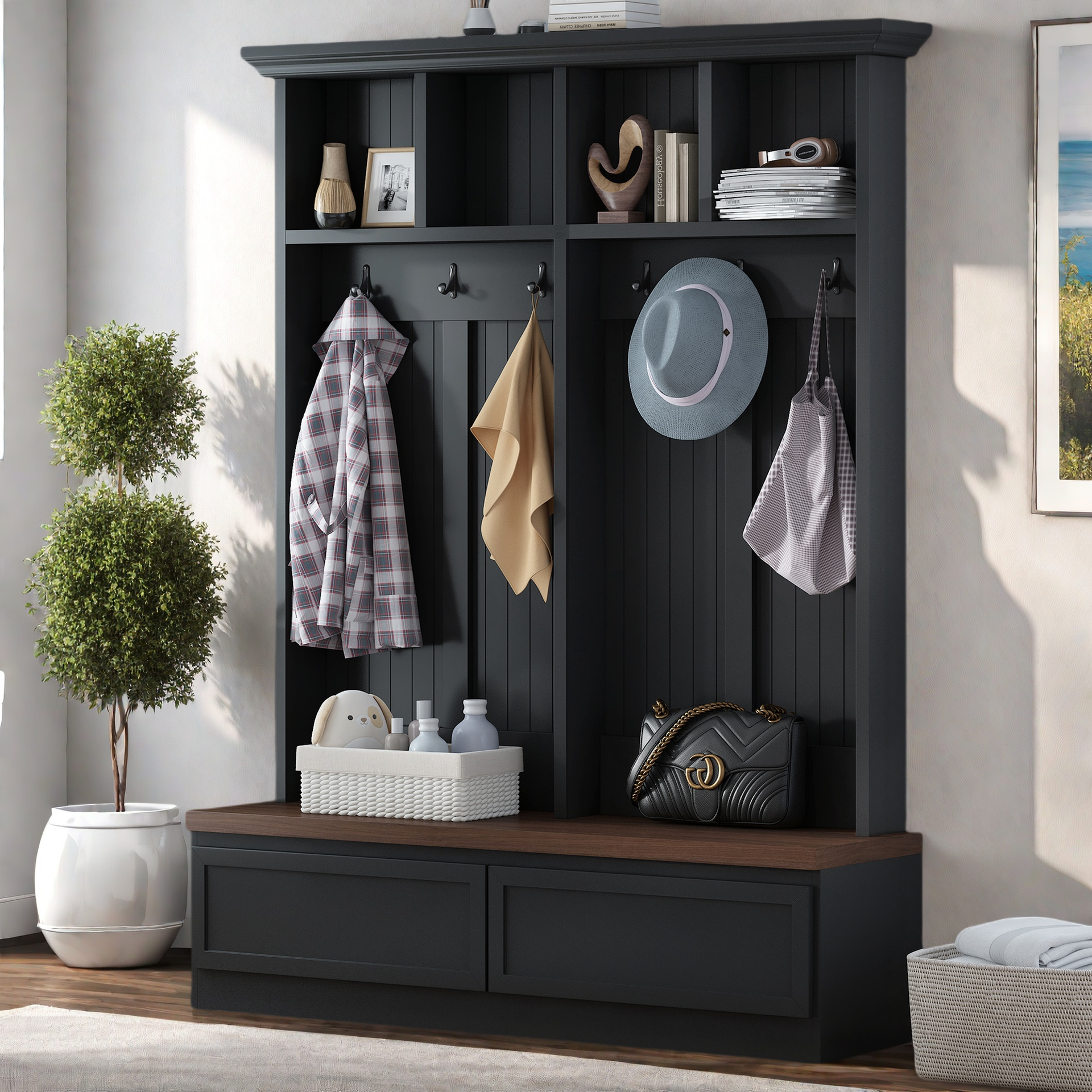 Farmhouse 4-in-1 Hall Tree with Wood Grain Bench, Mudroom Versatile Coat Rack with 2 Large Drawer, Entrance Organizer for Hallway, Living Room, Black, 55.9"W (OLD SKU: N721P313099B)