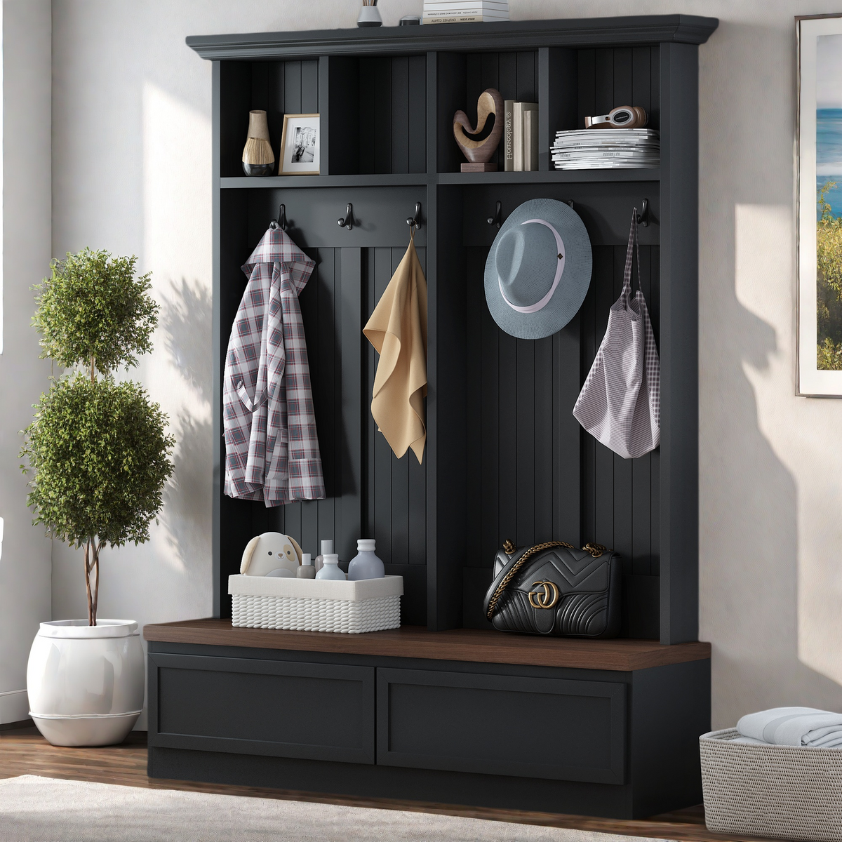 Farmhouse 4-in-1 Hall Tree with Wood Grain Bench, Mudroom Versatile Coat Rack with 2 Large Drawer, Entrance Organizer for Hallway, Living Room, Black, 55.9"W (OLD SKU: N721P313099B)