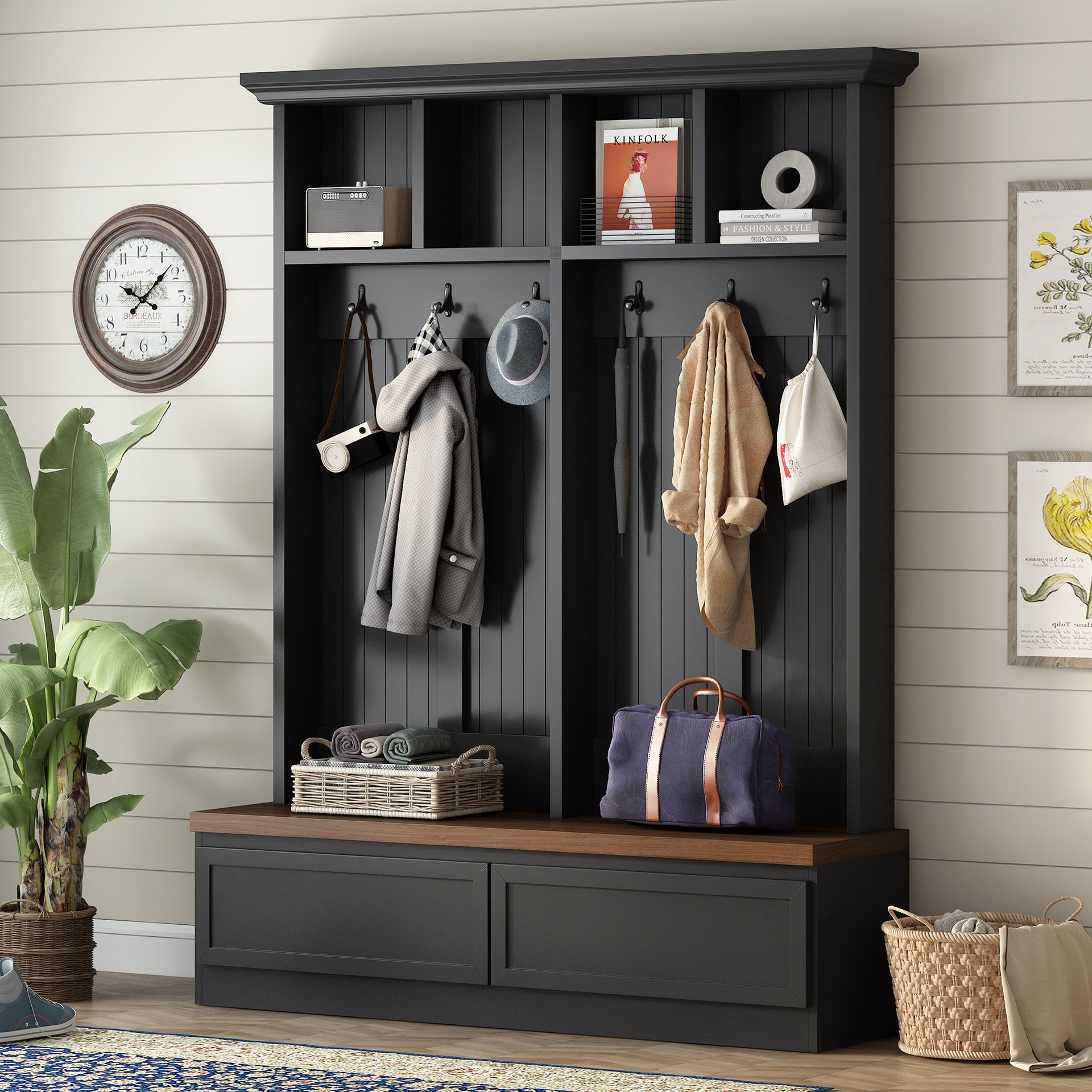 Farmhouse 4-in-1 Hall Tree with Wood Grain Bench, Mudroom Versatile Coat Rack with 2 Large Drawer, Entrance Organizer for Hallway, Living Room, Black, 55.9"W (OLD SKU: N721P313099B)