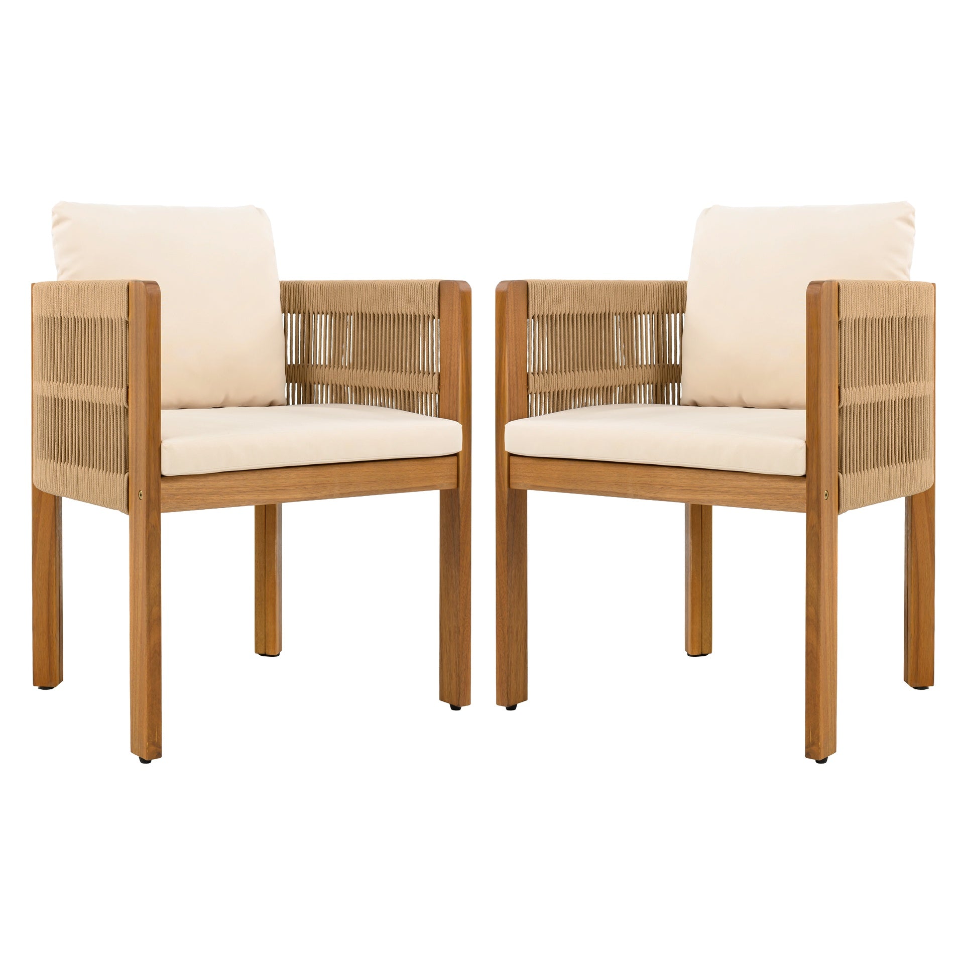 Acacia Wood Outdoor Dining Chairs 2-Pack with Brown Rope Handles, Washable Waterproof Beige Cushions, 400 lbs Capacity