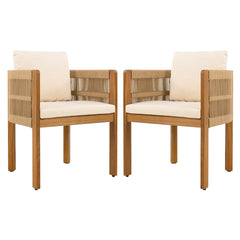 Acacia Wood Outdoor Dining Chairs 2-Pack with Brown Rope Handles, Washable Waterproof Beige Cushions, 400 lbs Capacity