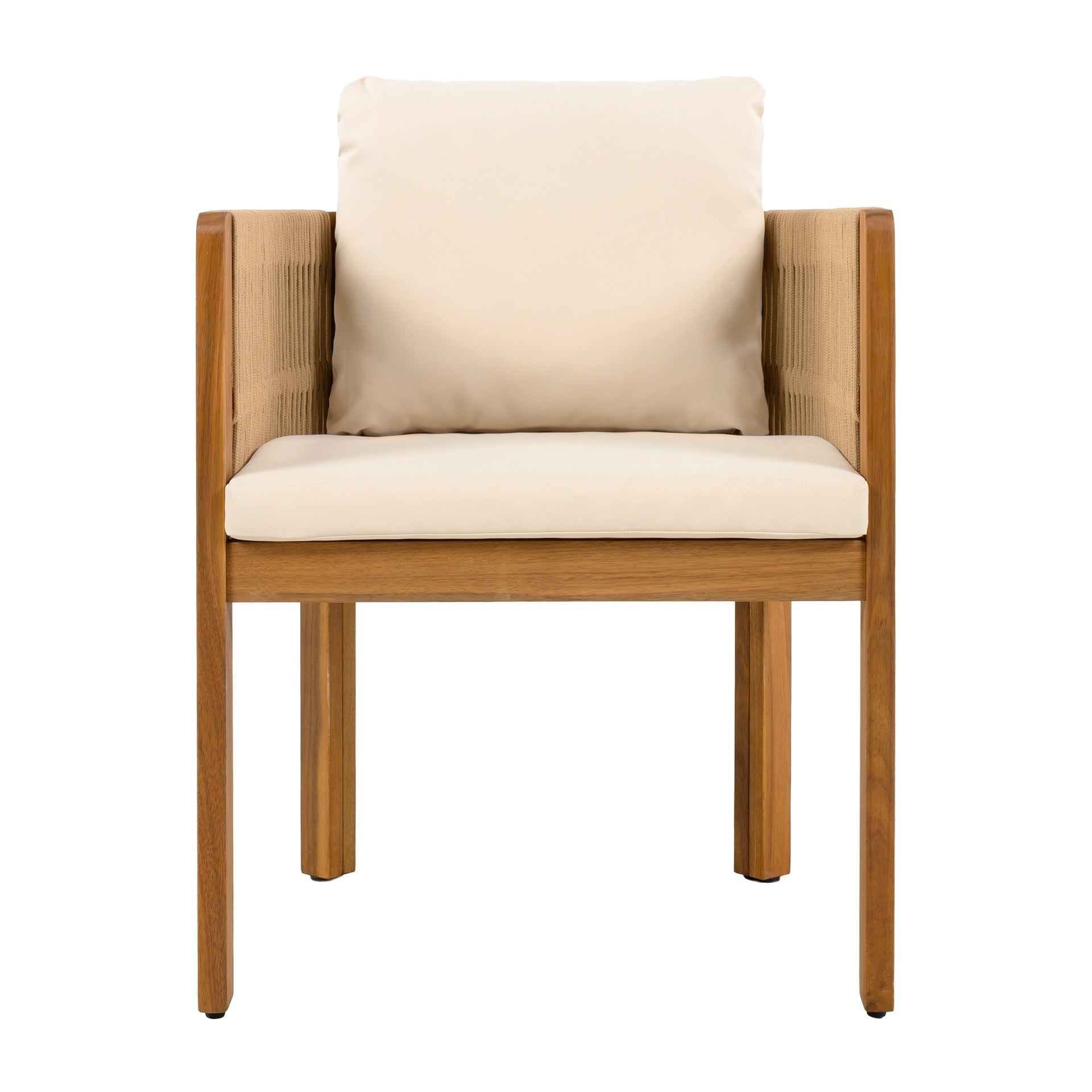Acacia Wood Outdoor Dining Chairs 2-Pack with Brown Rope Handles, Washable Waterproof Beige Cushions, 400 lbs Capacity