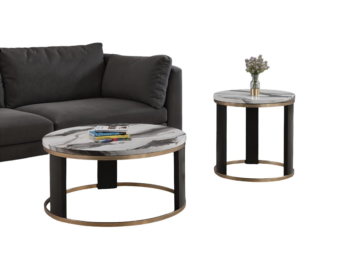 Contemporary Style Triangle 3pc Table Set 1x Coffee Table 2x End Table Marble Top Gold Ring Wooden Legs Primary Living Room