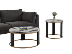 Contemporary Style Triangle 3pc Table Set 1x Coffee Table 2x End Table Marble Top Gold Ring Wooden Legs Primary Living Room