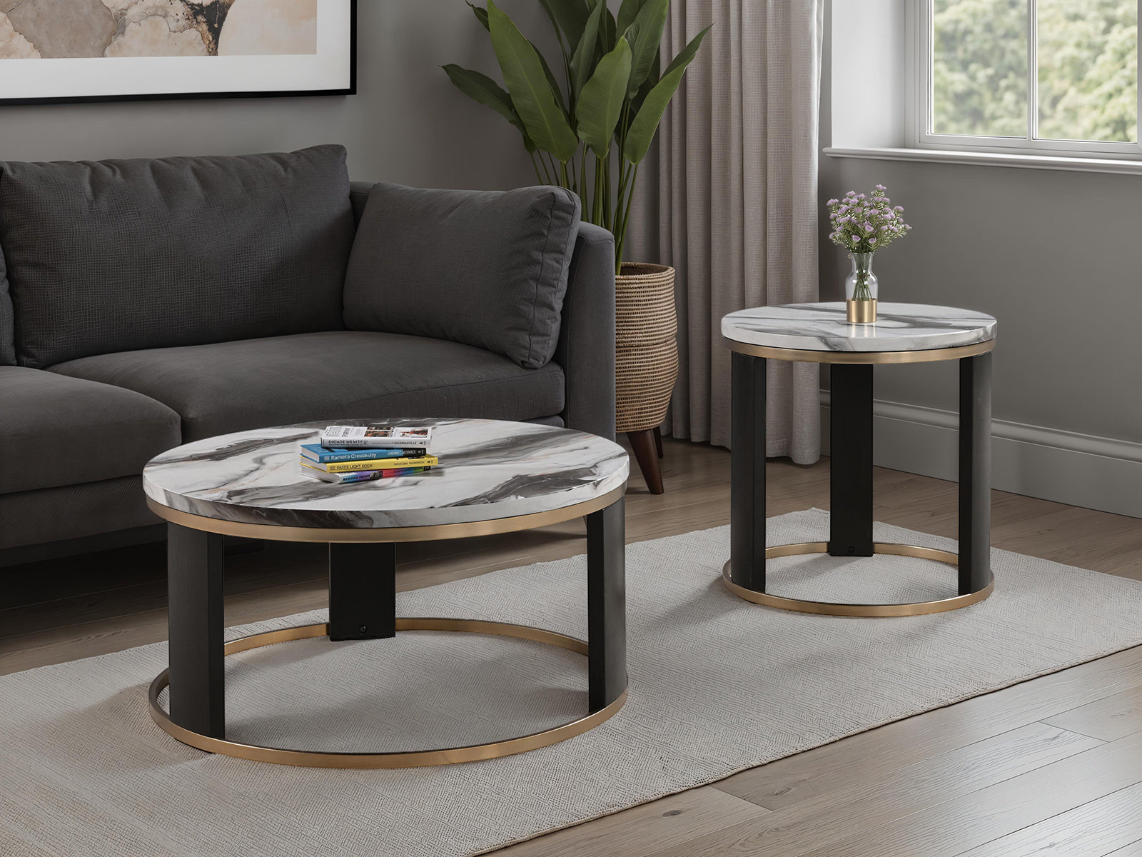 Contemporary Style Triangle 3pc Table Set 1x Coffee Table 2x End Table Marble Top Gold Ring Wooden Legs Primary Living Room