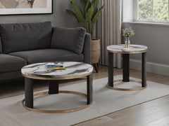 Contemporary Style Triangle 3pc Table Set 1x Coffee Table 2x End Table Marble Top Gold Ring Wooden Legs Primary Living Room