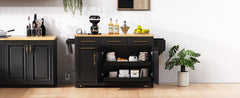 K&K 59.3" Kitchen Island with Storage 2 Pull Out Cabinet Organizers & Rubber Wood Drop Leaf, Rolling Kitchen Island with Trash Can Storage, Power Outlet, Spice & Towel Rack for Kitchen, Dining, Black