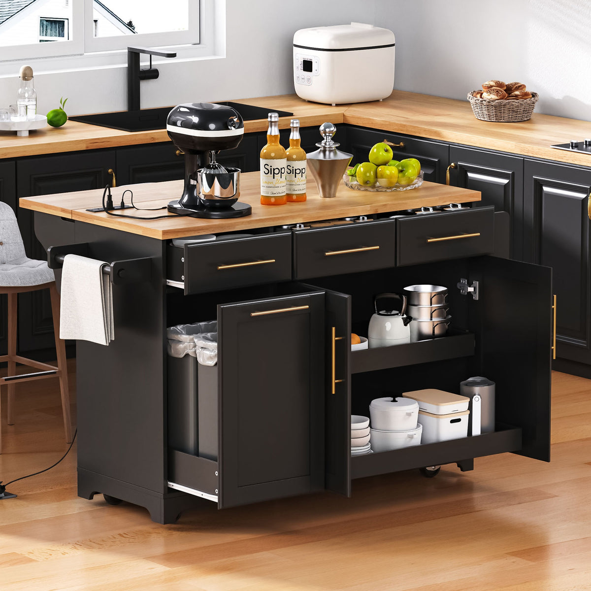 K&K 59.3" Kitchen Island with Storage 2 Pull Out Cabinet Organizers & Rubber Wood Drop Leaf, Rolling Kitchen Island with Trash Can Storage, Power Outlet, Spice & Towel Rack for Kitchen, Dining, Black