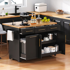 K&K 59.3" Kitchen Island with Storage 2 Pull Out Cabinet Organizers & Rubber Wood Drop Leaf, Rolling Kitchen Island with Trash Can Storage, Power Outlet, Spice & Towel Rack for Kitchen, Dining, Black