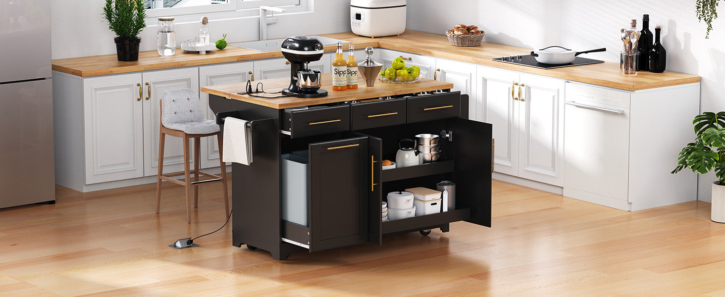 K&K 59.3" Kitchen Island with Storage 2 Pull Out Cabinet Organizers & Rubber Wood Drop Leaf, Rolling Kitchen Island with Trash Can Storage, Power Outlet, Spice & Towel Rack for Kitchen, Dining, Black